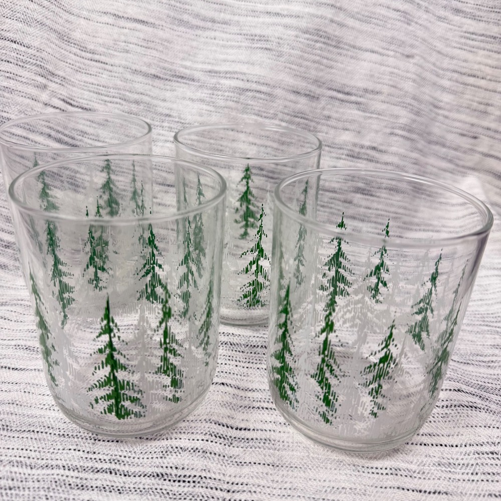 Vintage Libbey Frosty Pine Tree Christmas‎ Tree Glasses Tumblers Set of 4 w/Box